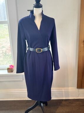 Classic Navy Long-Sleeve Dress with Belt